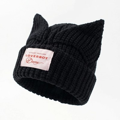 Cat Ear Beanie Y2K Cute Knit Hat with Ears Warm Crochet Hat Skull