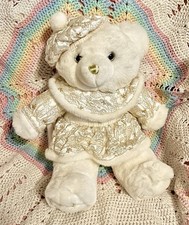White 2000 Christmas Teddy Bear Plush Gold Embroidery Accents 18"