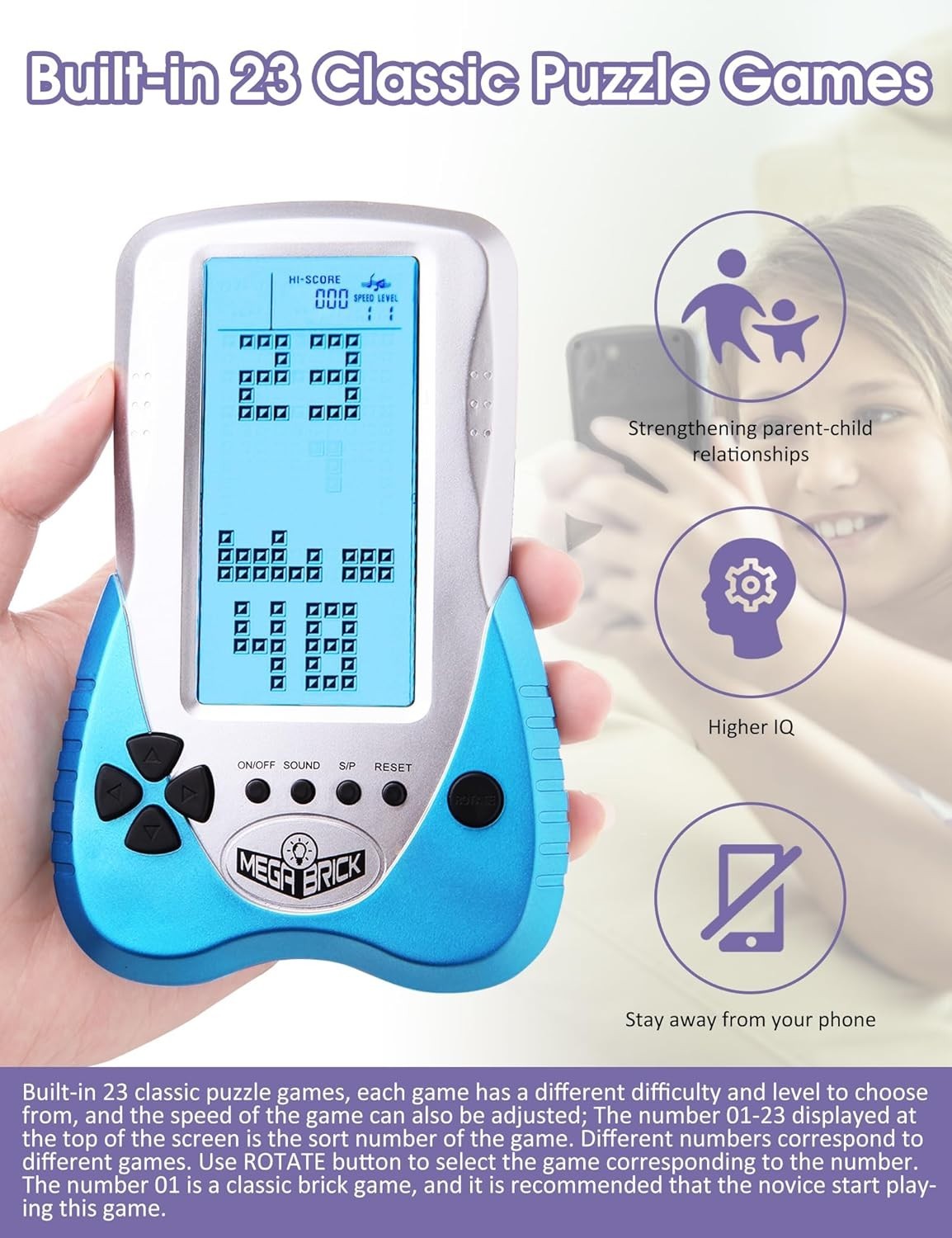 Retro Block Game Console Plastic 23 Puzzle Games for Indoor Outdoor