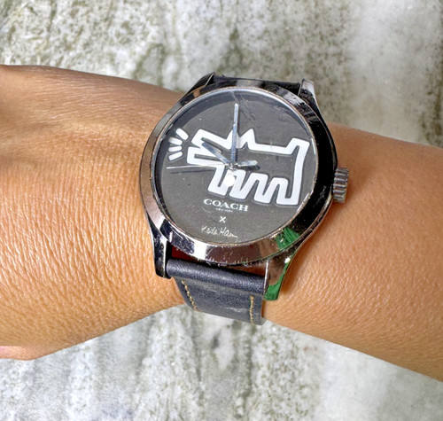 Coach x Keith Haring Quartz Analog Watch Black Dial Brown Leather Strap 44mm