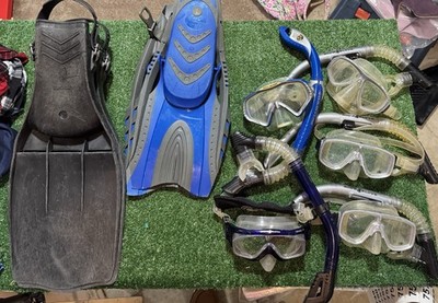 Lot of Previously Owned Scuba Diving Gear, Masks, Snorkels, and Flippers
