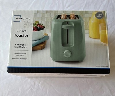 NEW 2 Slice Toaster 6 Setting Sage Green Removable Crumb Tray & Cancel Feature