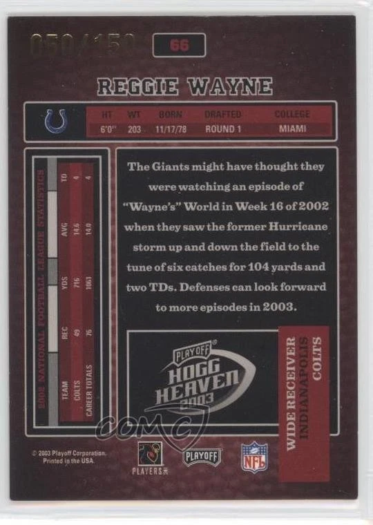2003 Playoff Hogg Heaven Hogg Wild /150 Reggie Wayne #66 - Image 2 of 2