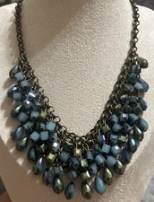 Vintage Metal Fringe Tassel Bib Statement Necklace, Layered Blue/Green Beads