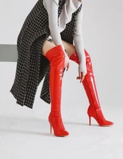 SEXY Women Over the Knee Boots Zipper Patent Black White Red Shoes Big Size 3-16