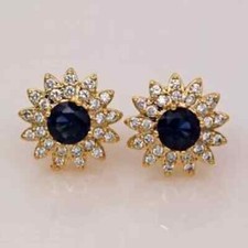 3.50Ct Lab-Created Blue Sapphire Diamond Flower Stud Earrings 14K Yellow Finish