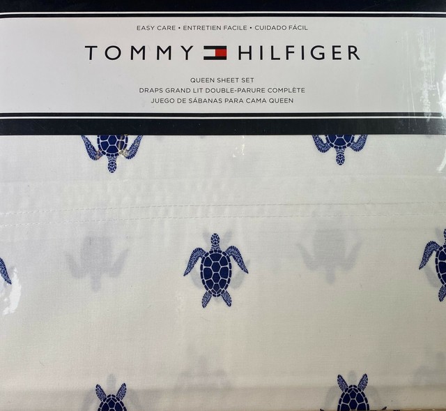 Tommy Hilfiger 4 Pc Queen Size Sheet Set Turtles Navy Blue White Easy
