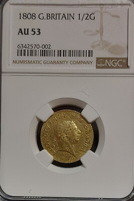 1808 GREAT BRITAIN George III GOLD 1/2 Guinea Coin NGC AU53 FULL