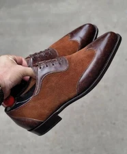 Handmade men brown leather and suede dress shoes, formal office wear shoes mens