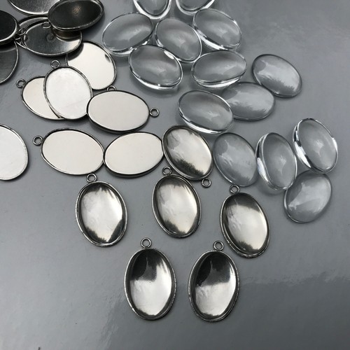 Cabochon Tray Glass Dome Set OVAL Smooth Stainless Steel Pendant DIY Kit 14-30mm - Picture 22 of 39