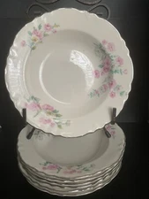 Homer Laughlin x 7 Soup Bowls 1920's Pink & White Flowers w/ Silver trim