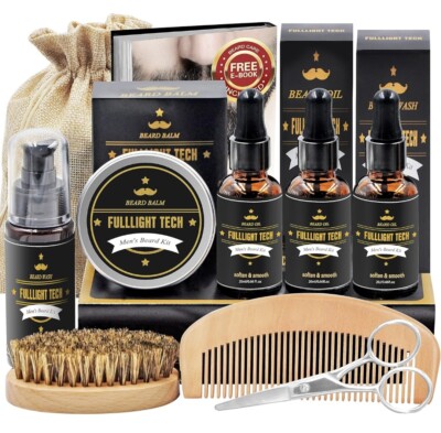 FULLLIGHT TECH Men's Beard GROWTH Kit, Sealed Oil, Wash, Balm, Brush, Comb, Book