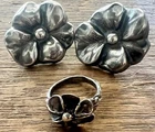 Vintage Sterling Silver PANSY FLOWER EARRINGS Screw Post w/Matching RING