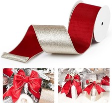 Red Velvet Wired Ribbon with Glitter Back 4 Inch Red and Gold Christmas Ribbo...