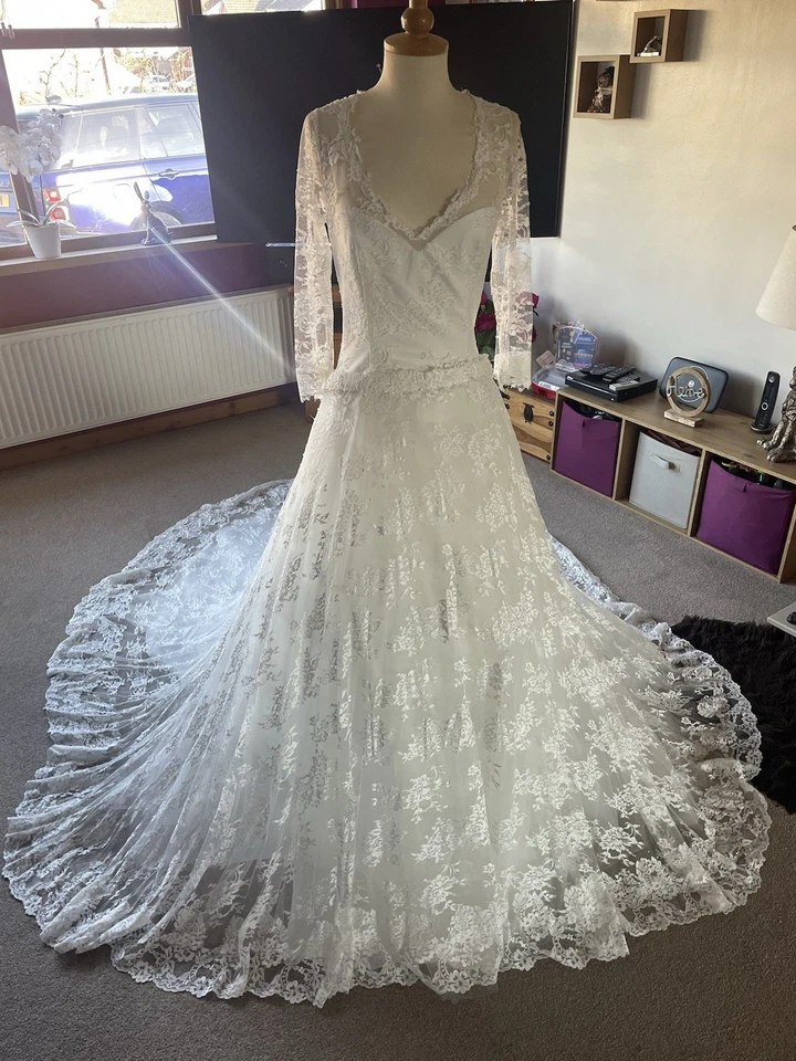 🩷BNWoT CYMBELINE PARIS MARFIL ENCAJE COMPLETO VESTIDO DE NOVIA CINTURÓN SIN ESPALDA TALLA 8 10🩷 Foto 4 de 4