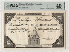 FRANCE banknote 50 Livres 1792 repeater serial number PMG XF 40 Extremely Fine