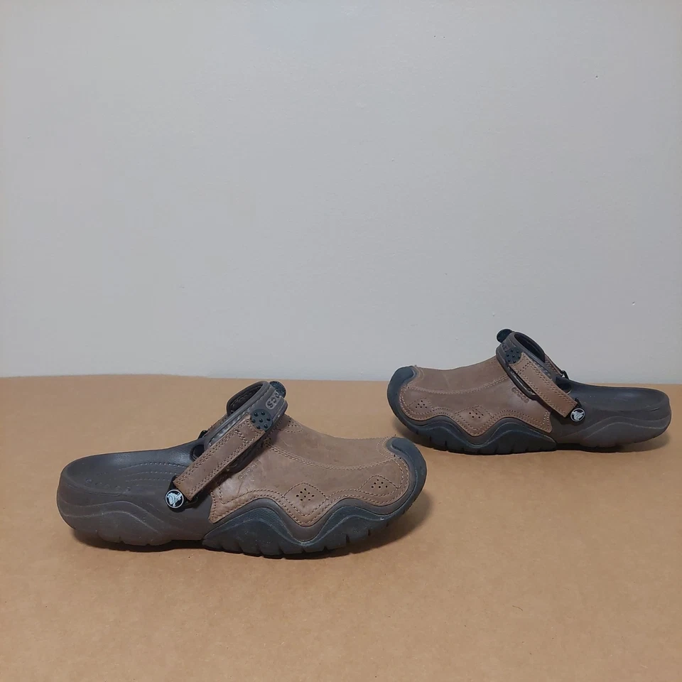 CROCS Swiftwater Brown Leather Slingback Slip On Clogs Men's Size 12 - Image 2 of 4