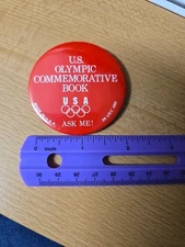 U.S. Olympics Commemorative Book Pin Back Ask Me! 36 USC 380 Made In U.S.A Used