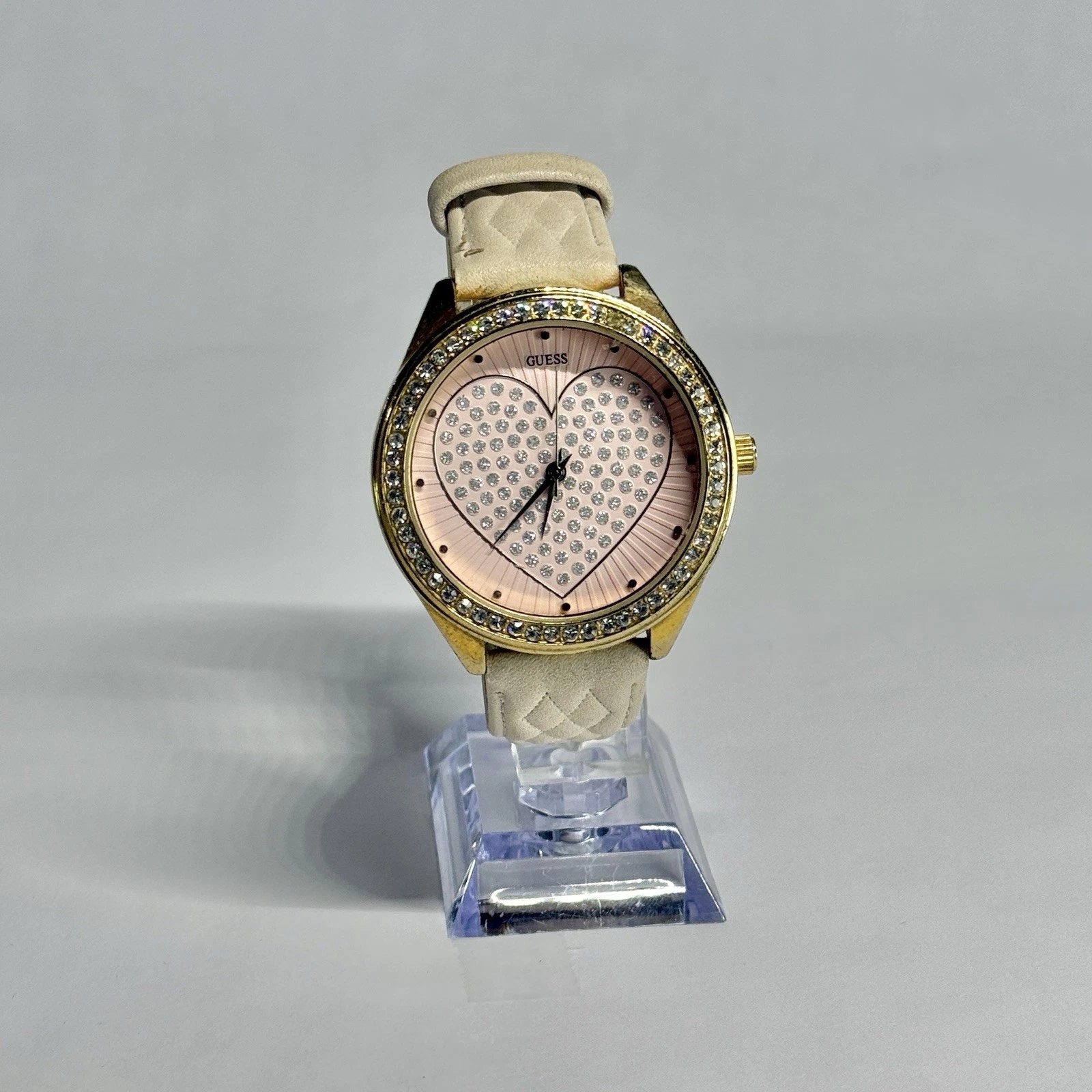 GUESS Crystal Heart Analog 1143 Gold Tone Women Vintage Watch W425 *WORKING