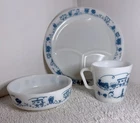 Vintage Pyrex Child Dish 3pc Set TRAIN Pattern Divided Plate Mug Bowl Blue White