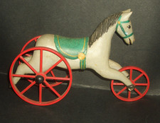Vintage Wooden Primitive Look Horse On 3 Metal Wheels -Toy-Nice Condition