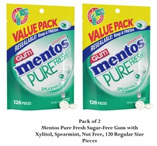 (PACK OF 2) Mentos Pure Sugar-Free Gum with Xylitol, Spearmint, Nut Free,120GUMS