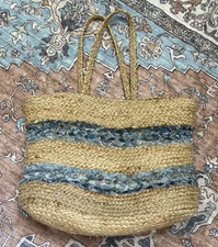 Magid Jute Cotton Vacation Beach Blue Demin & Biege Tote Shoulder Bag