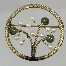 Vintage Winard 12k GF Gold Tone Circle Brooch Jade & Pearl Tree of Life Design