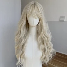 Costume Wigs With Bangs Platinum blonde Halloween Long Wavy Heat Resistant Hair