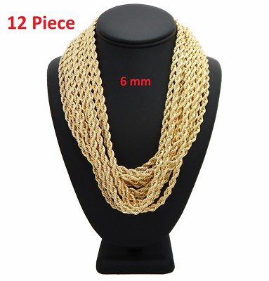 12 Piece 6mm Rope Chain Necklace 20'' 24'' 30'' 14k Gold Finish Wholesale Lots