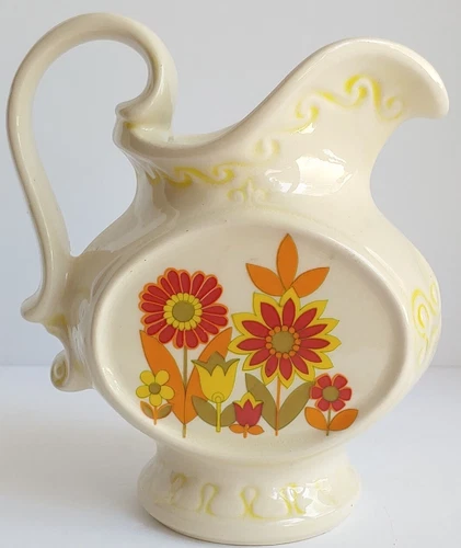 Vintage McCoy Pitcher Retro 1970s Flowers Orange Red Yellow Cream USA Pottery