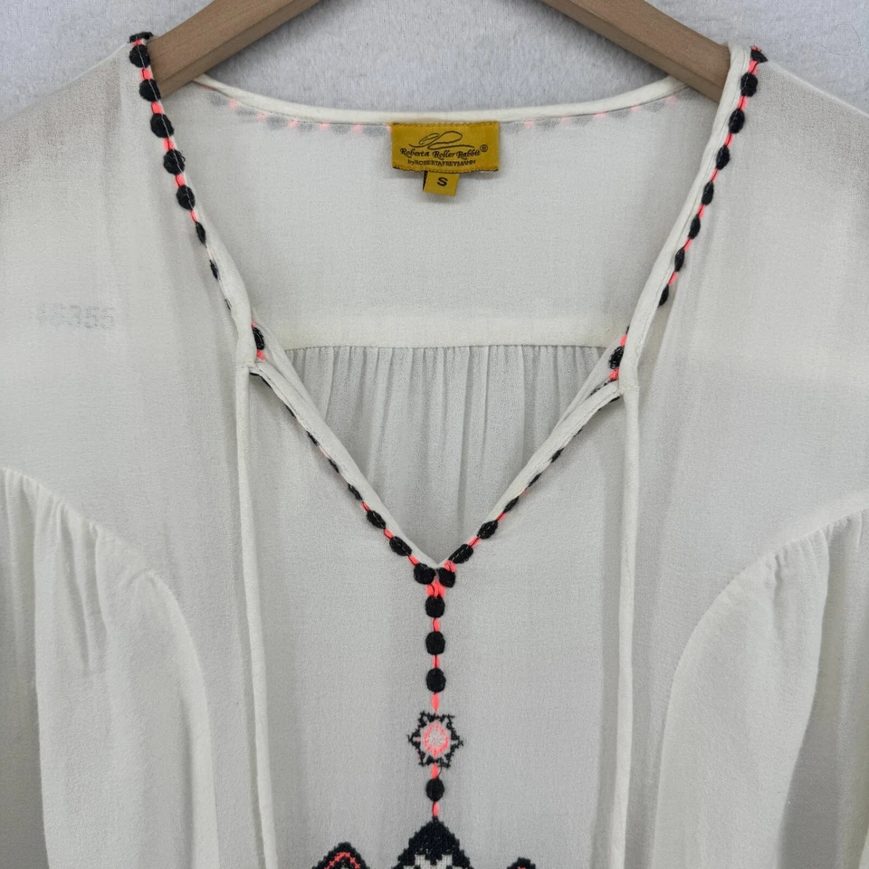 ROBERTA ROLLER RABBIT Top S Southwestern Tassel Tie Crepe Cotton Viscose White - Image 3 of 4