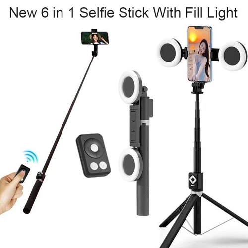 6-in-1 Selfie Stick W/ Fill Light 67' Phone Tripod Bluetooth Remote Live Stream - Picture 2 of 4
