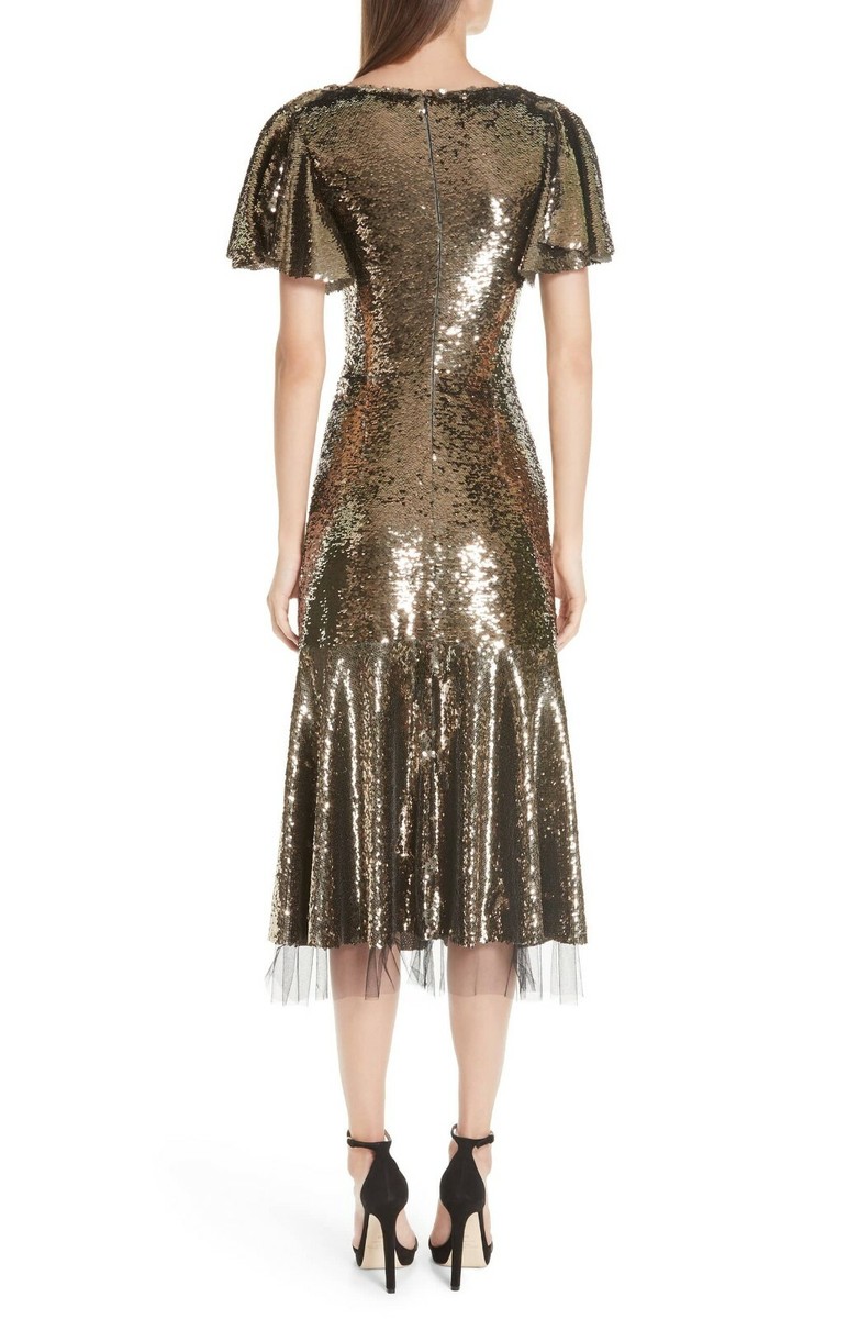 sachin and babi gold dress SACHIN & BABI Gold Sequin Metallic Ruffle Tulle Trim Pleated Midi Dress 8  US = M