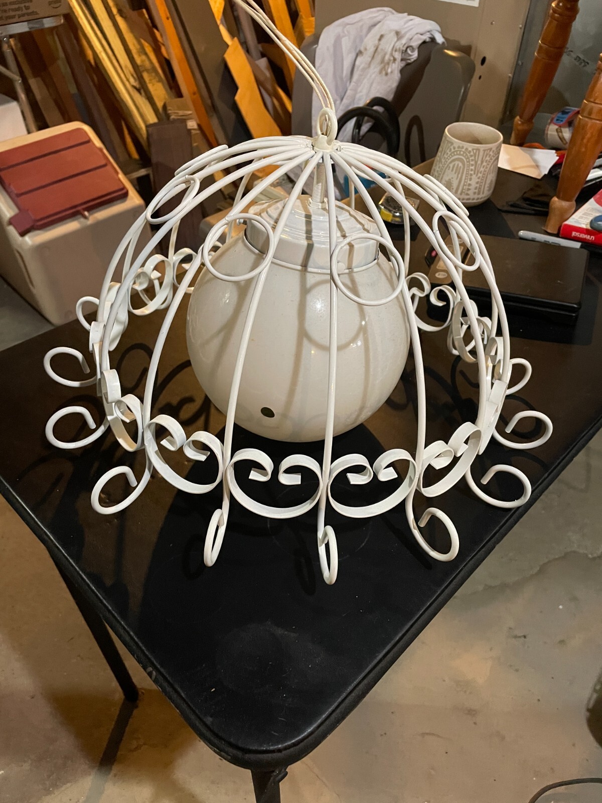 Vintage Caged Globe Glass Pendant Light Fixture Scroll Made in Poland