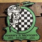 VINTAGE HARRY'S MOTORS INDIAN MOTORCYCLE 10” PORCELAIN GAS OIL SIGN