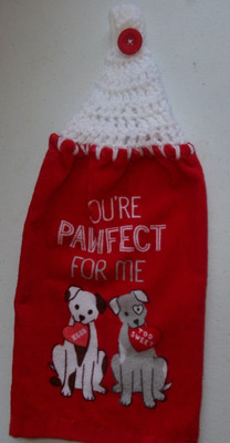 WHITE Crocheted Top Valentine YOUR PAWFECT FOR ME Print Cotton Kitchen Towel