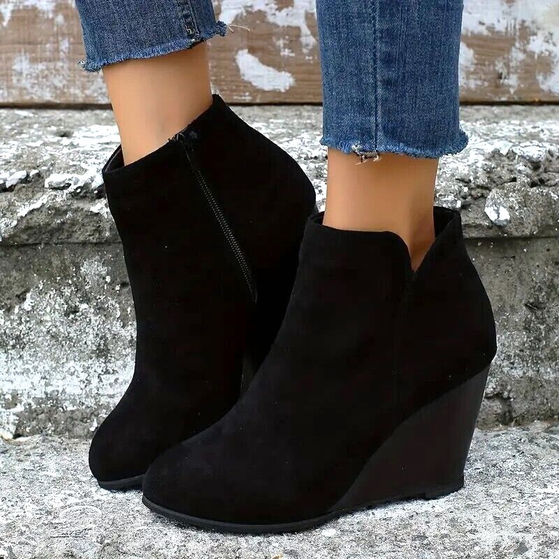 NEW Women Side Zipper Booties Suede Wedge Heel Almond Toe Ankle