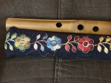 Bamboo Flute With Multi Colored Embroidery Flowers On Felted Wool Cover
