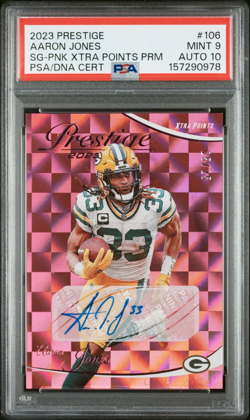 2023 PANINI PRESTIGE PINK XTRA POINTS PREMIUM #106 AARON JONES PSA 9 AUTO 10