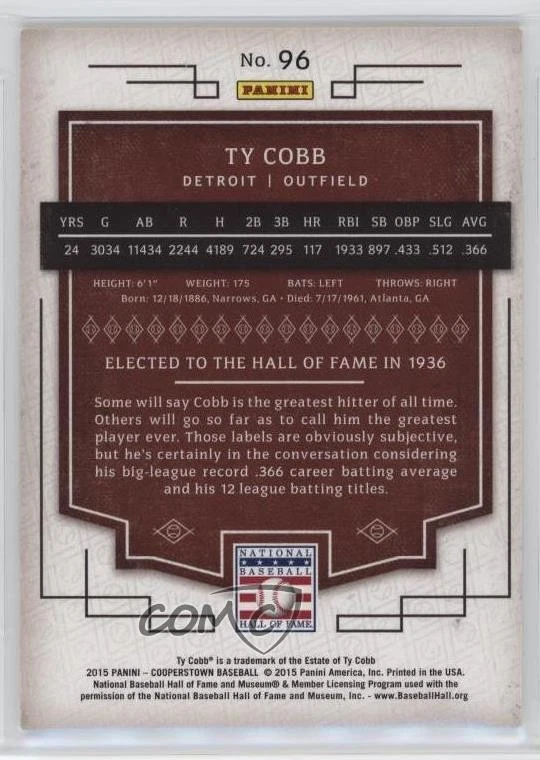 2015 Panini Cooperstown HOF Chronicles Red /35 Ty Cobb #96 HOF - Image 2 of 2
