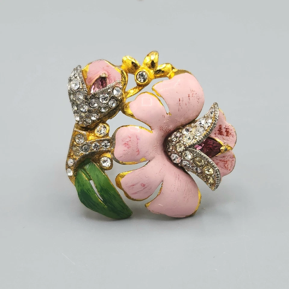 Raro 1930 Coro Adolph Katz Rosa Verde Esmalte Cristal Camelia Flor Vestido Clip Foto 2 de 4