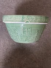 VINTAGE 9” GREEN YELLOWARE STONEWARE POTTERY GIRL WITH WATERING CAN MIXING BOWL