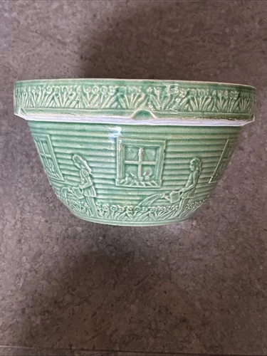 VINTAGE 9” GREEN YELLOWARE STONEWARE POTTERY GIRL WITH WATERING CAN MIXING BOWL