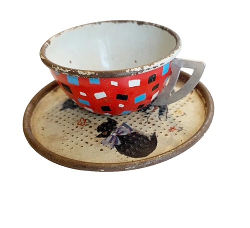 The Ohio Art Co Children's Tin Toy Tea Cup & Saucer Set Flower Cart Vintage