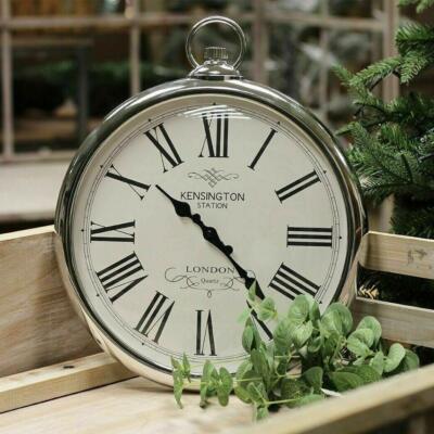 Große Wanduhr 42cm Taschenanhänger Uhr Rund Vintage Retro Dekor Stil Silber