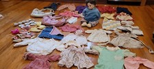 Large Bulk Lot Vintage Mixed Doll Clothes with 20" heavy realistic eye doll