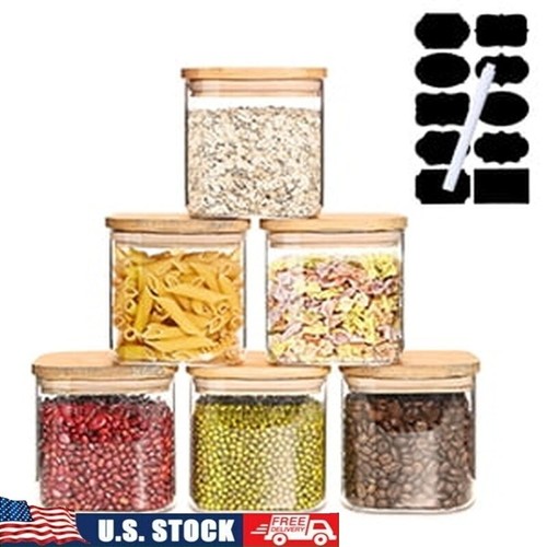 Airtight Glass Storage Jars Set of 6 W/ Bamboo Lid Kitchen Pantry Organization