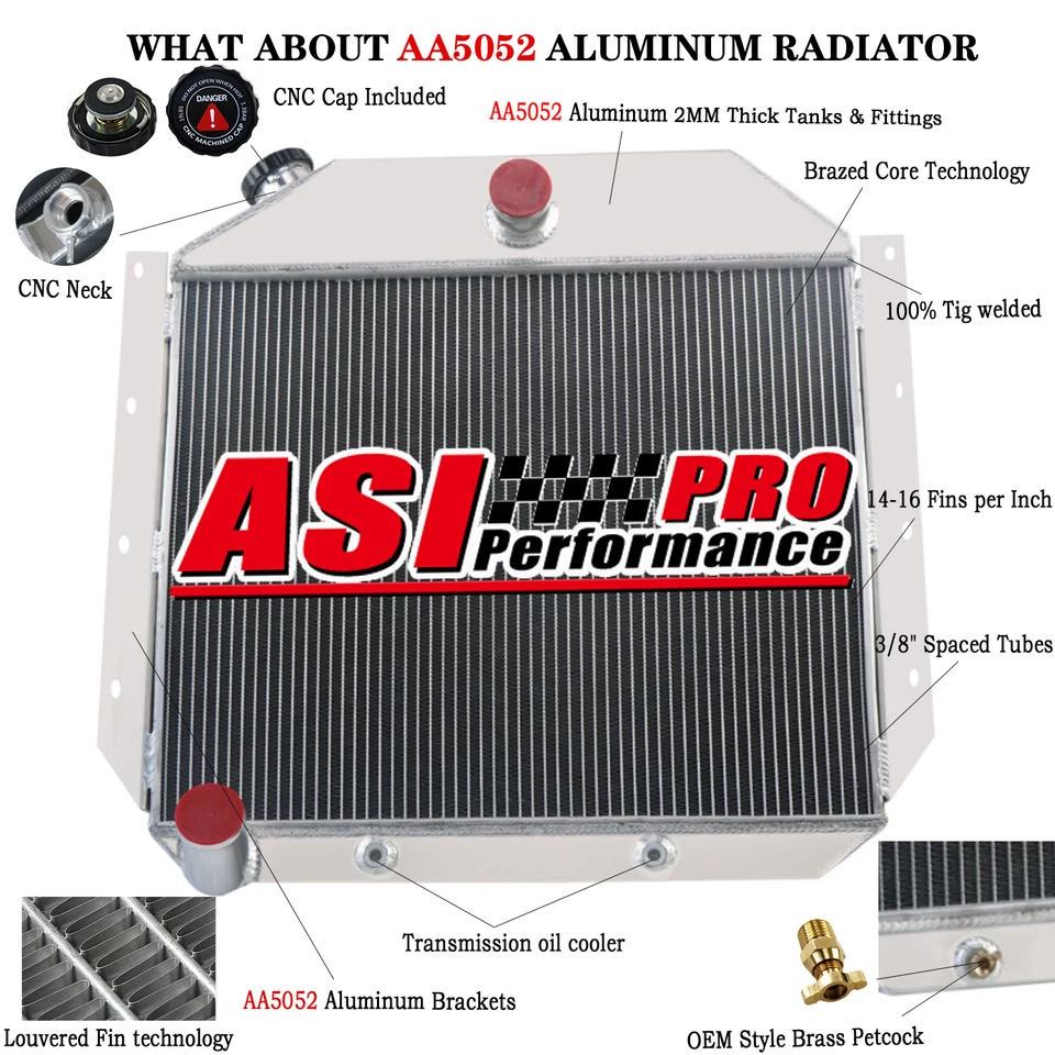 4 Row Aluminum Radiator fit 1951~1957 1955 International Harvester Pickup Truck Foto 2 de 4