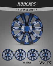 16" Set of 4 Wheel Rim Covers Snap On Hubcaps Replacement Black & Blue Lacquer